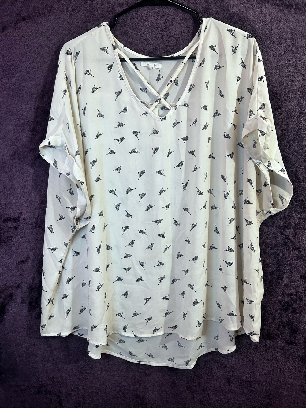 Maurices Cream Bird Print V-Neck Tunic with Crisscross Straps